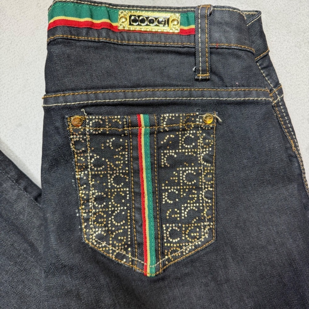 COOGI Womens Dark Wash Rhinestone Cargo Jeans Y2K McBling Streetwear Size 9/10